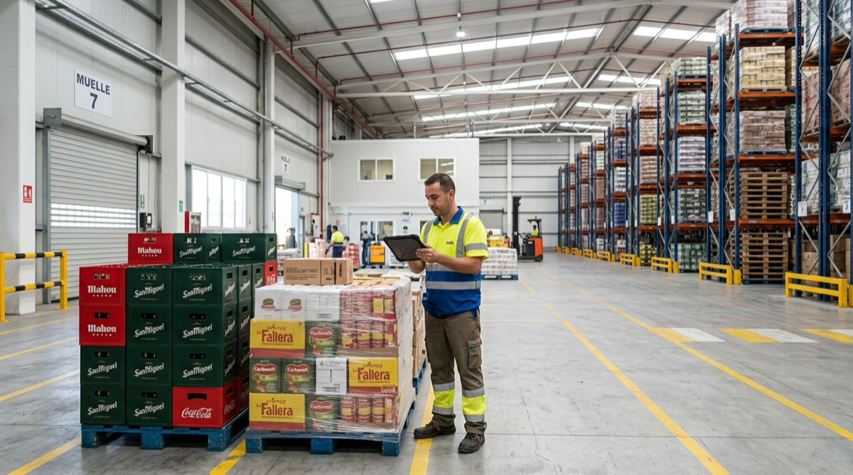 Almacén de distribución de alimentación preparando pedidos