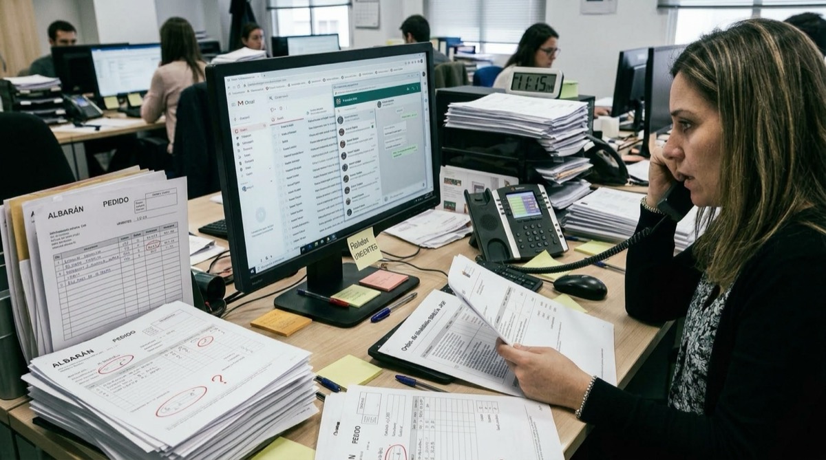 Personal de administración desbordado gestionando pedidos por email y WhatsApp